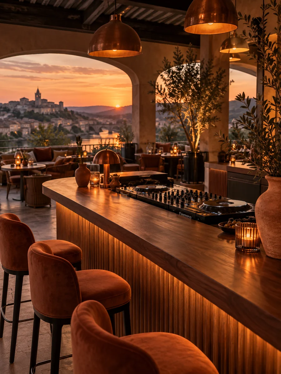 Illustration d’ambiance : bar chaleureux au coucher du soleil